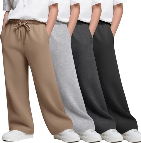 4 Pack Boy's Wide Leg Sweatpants Kids Athletic Open Bottom Pants Drawstring Elastic Waist Joggers with Pockets in Saudi Arabia