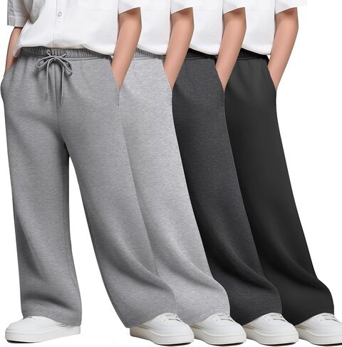 4 Pack Boy's Wide Leg Sweatpants Kids Athletic Open Bottom Pants Drawstring Elastic Waist Joggers with Pockets in Saudi Arabia