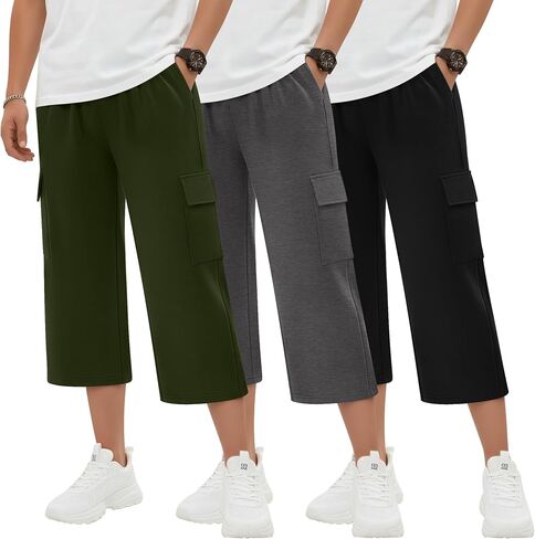 3 Pack Boys Capri Pants Kids Athletic Sweatpants Cropped Cargo Pants Summer Lightweight 3/4 Bottoms with 4 Pockets in Kuwait