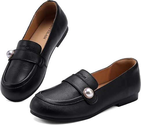 Women's Genuine Leather Loafers – Round Toe Slip-On Flats with Pearl Embellishment for Comfortable All-Day Wear | Soft, Durable Moccasins for Office & Casual Use in Saudi Arabia