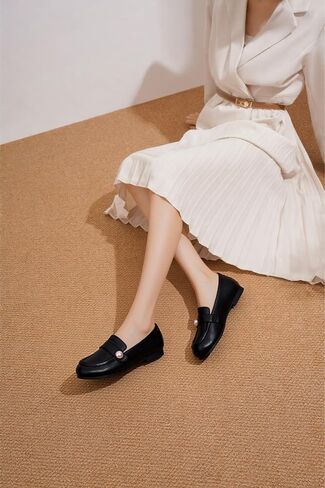Women's Genuine Leather Loafers – Round Toe Slip-On Flats with Pearl Embellishment for Comfortable All-Day Wear | Soft, Durable Moccasins for Office & Casual Use in Kuwait