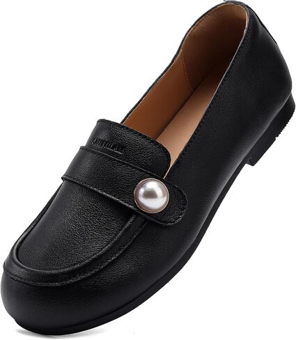Women's Genuine Leather Loafers – Round Toe Slip-On Flats with Pearl Embellishment for Comfortable All-Day Wear | Soft, Durable Moccasins for Office & Casual Use in Kuwait