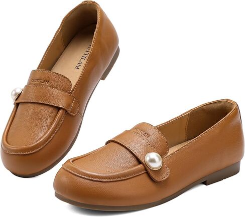 Women's Genuine Leather Loafers – Round Toe Slip-On Flats with Pearl Embellishment for Comfortable All-Day Wear | Soft, Durable Moccasins for Office & Casual Use in Kuwait
