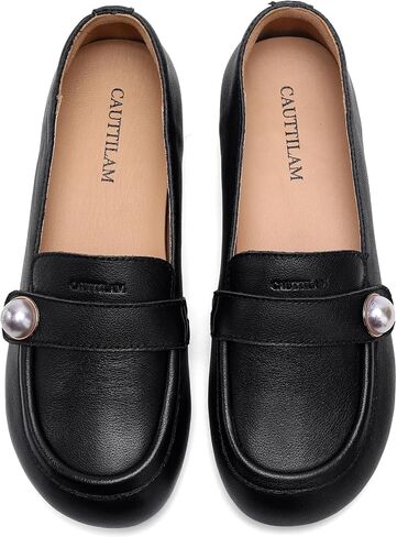Women's Genuine Leather Loafers – Round Toe Slip-On Flats with Pearl Embellishment for Comfortable All-Day Wear | Soft, Durable Moccasins for Office & Casual Use in Kuwait