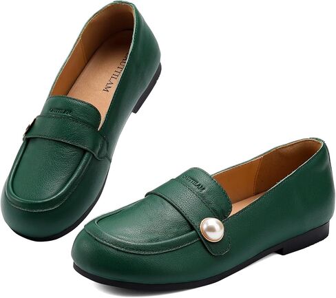 Women's Genuine Leather Loafers – Round Toe Slip-On Flats with Pearl Embellishment for Comfortable All-Day Wear | Soft, Durable Moccasins for Office & Casual Use in Kuwait