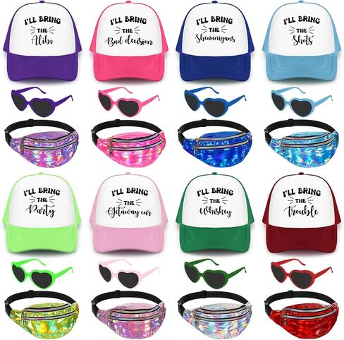 JaGely 24 Pcs Funny Group Trucker Hat Holographic Fanny Packs Heart Sunglasses Set for Women Girl Weekend Travel Bachelorette in Kuwait