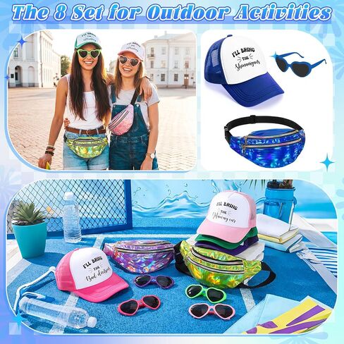 JaGely 24 Pcs Funny Group Trucker Hat Holographic Fanny Packs Heart Sunglasses Set for Women Girl Weekend Travel Bachelorette in Kuwait