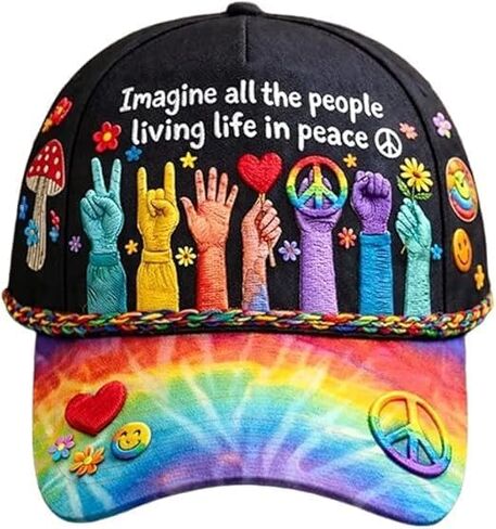 Peace Graphic Print Hat, Imagine All The People Living Life in Peace Rainbow Hat, Hat Peace Sign Cap in Saudi Arabia