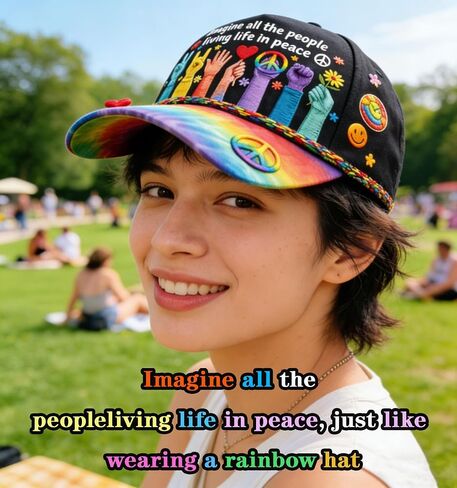 Peace Graphic Print Hat, Imagine All The People Living Life in Peace Rainbow Hat, Hat Peace Sign Cap in Saudi Arabia