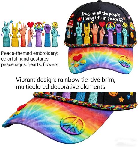 Peace Graphic Print Hat, Imagine All The People Living Life in Peace Rainbow Hat, Hat Peace Sign Cap in Saudi Arabia