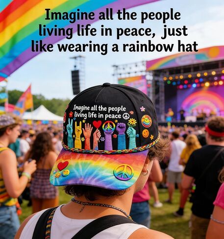 Peace Graphic Print Hat, Imagine All The People Living Life in Peace Rainbow Hat, Hat Peace Sign Cap in Saudi Arabia