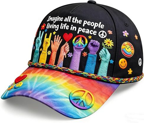 Peace Graphic Print Hat, Imagine All The People Living Life in Peace Rainbow Hat, Hat Peace Sign Cap in Saudi Arabia