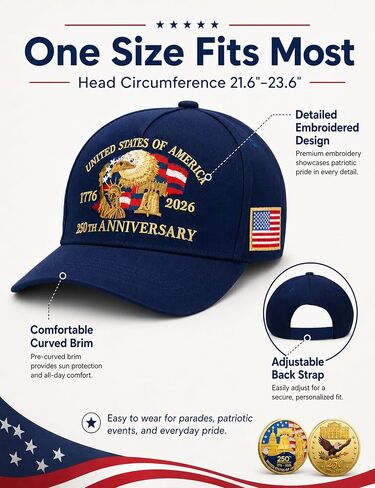 250th Anniversary USA Hat & 250 Anniversary Coin, America 250 Merchandise, Patriotic 1776-2026 Baseball Cap for 4th of July & Independence Day 2026 Celebration Gift in Saudi Arabia