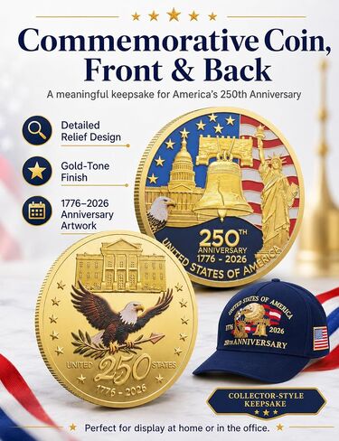 250th Anniversary USA Hat & 250 Anniversary Coin, America 250 Merchandise, Patriotic 1776-2026 Baseball Cap for 4th of July & Independence Day 2026 Celebration Gift in Saudi Arabia