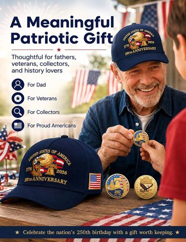 250th Anniversary USA Hat & 250 Anniversary Coin, America 250 Merchandise, Patriotic 1776-2026 Baseball Cap for 4th of July & Independence Day 2026 Celebration Gift in Saudi Arabia