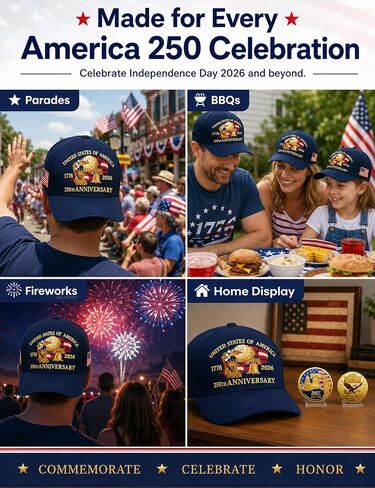 250th Anniversary USA Hat & 250 Anniversary Coin, America 250 Merchandise, Patriotic 1776-2026 Baseball Cap for 4th of July & Independence Day 2026 Celebration Gift in Saudi Arabia