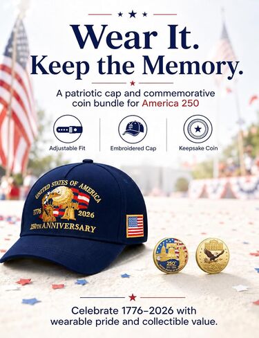 250th Anniversary USA Hat & 250 Anniversary Coin, America 250 Merchandise, Patriotic 1776-2026 Baseball Cap for 4th of July & Independence Day 2026 Celebration Gift in Saudi Arabia