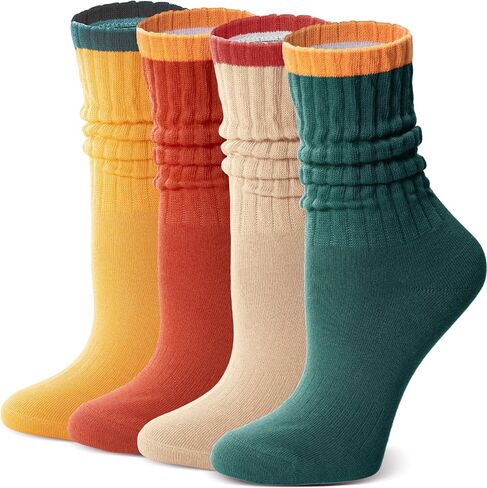 Slouch Cotton Socks, Scrunch Thin Fashion Colorful Soft Breathable Crew Calf for Women and Men, 4 Pairs in Kuwait