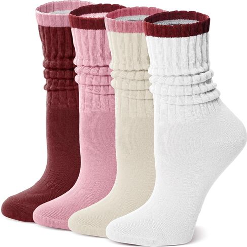 Slouch Cotton Socks, Scrunch Thin Fashion Colorful Soft Breathable Crew Calf for Women and Men, 4 Pairs in Kuwait