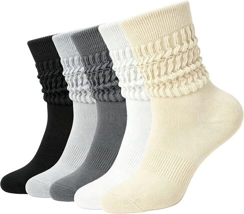 Loritta 5 Pairs Slouchy Socks for Women Cotton Crew Retro Solid Ribbed Mid Calf Slouch Scrunch Boot Socks in Kuwait