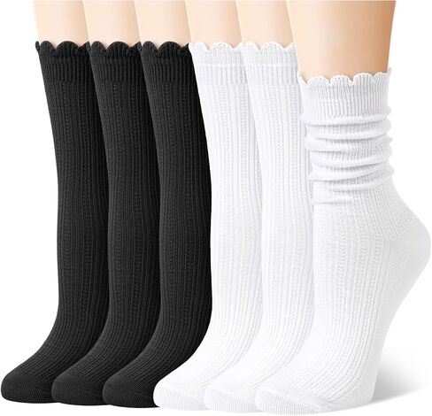 Justay 6 Pairs Ruffle Socks Woman Cute Crew Frilly Boot Slouch Casual Cotton Socks for Women Gifts in Kuwait