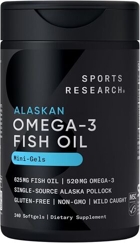 Sports Research® أوميغا 3 زيت السمك ألاسكو أوميغا ميني جيلز 625 مجم من بولوك ألاسكا البري - مكمل زيت السمك بدون تجشؤ مع أوميغا 3 EPA وDHA - من مصادر مستدامة، غير معدلة وراثيًا، خالي من الغلوتين - 240 كبسولة هلامية in Kuwait