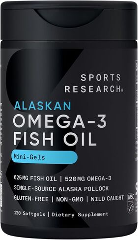 Sports Research® أوميغا 3 زيت السمك ألاسكو أوميغا ميني جيلز 625 مجم من بولوك ألاسكا البري - مكمل زيت السمك بدون تجشؤ مع أوميغا 3 EPA وDHA - من مصادر مستدامة، غير معدلة وراثيًا، خالي من الغلوتين - 240 كبسولة هلامية in Kuwait