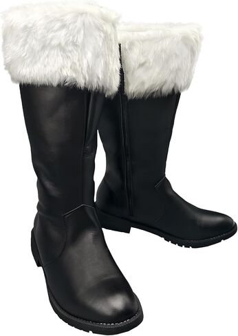 Men's Christmas Santa Claus Boots Halloween Costume Black Boots Wide Calf with White Fur Shoes in Saudi Arabia