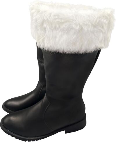 Men's Christmas Santa Claus Boots Halloween Costume Black Boots Wide Calf with White Fur Shoes in Saudi Arabia