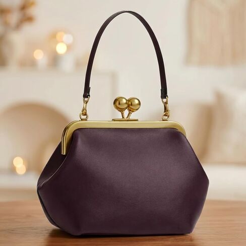 Leather Kiss Lock Bag Women PU Retro Top Handle Handbag Kiss Clasp Hobo Shoulder Bag Kisslock Purse Satchel in Kuwait