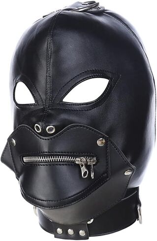 Eeghurt Lacing Head Masks Hollow Out Eyes Masks Detachable Zipper Mouth Mask Cosplay Leather Head Hood in Saudi Arabia