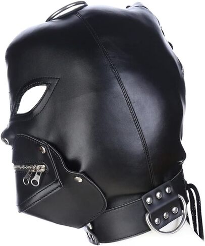 Eeghurt Lacing Head Masks Hollow Out Eyes Masks Detachable Zipper Mouth Mask Cosplay Leather Head Hood in Saudi Arabia