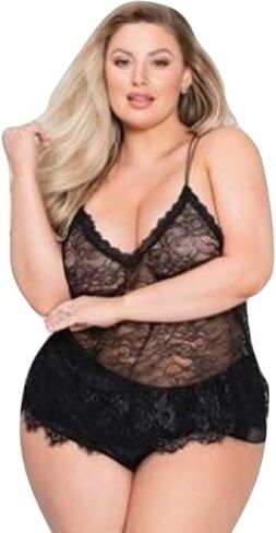 Floral Lace Cami & Cheeky Satin Short Black 1X/2X in Saudi Arabia