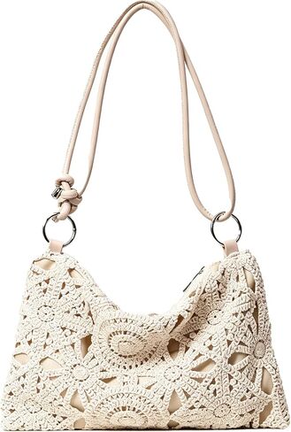 Floral Hollow Out Woven Boho Shoulder Bag, Metal Round Clasp Beach Bag, Holiday Casual Straw Bag for Summer Vacation, Travel, Shopping. Beach Essentials, Beach Bag for Women in Kuwait