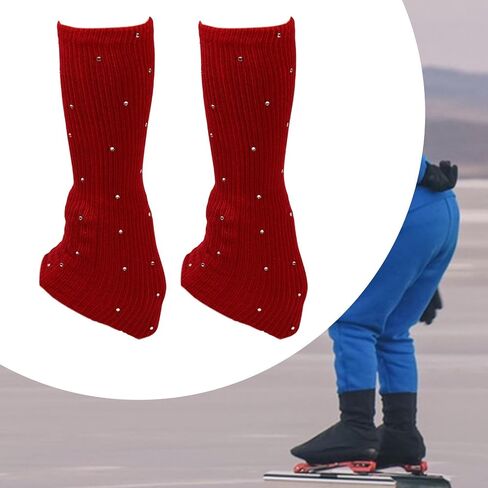 Figure Skating Leg Warmers with Rhinestones, Acrylic Knit Leg Warmers for Ice Skating, Dance, Training, Cold Weather, Red, 1 Pair in Kuwait