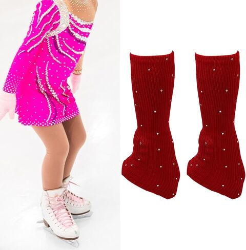 Figure Skating Leg Warmers with Rhinestones, Acrylic Knit Leg Warmers for Ice Skating, Dance, Training, Cold Weather, Red, 1 Pair in Kuwait
