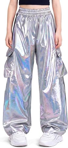 Nawgut Sequin Cargo Pants Metallic Hip Hop Dance Wide Leg Pants High Waisted Multi-Pocket Joggers for Girls in Saudi Arabia
