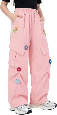 JiAmy Girls Cargo Pants Y2K Wide Leg Floral Embroidery Joggers with Pockets Elastic Waist Baggy Hip Hop Trousers 7-14Y in Kuwait