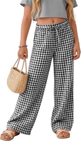 Oakgarden Girls' Gingham Pants Wide Leg High Waist Drawstring Elastic Waist Casual Plaid Trousers with Pockets for Ages 5-14 in Kuwait