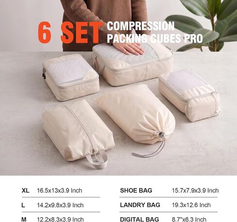MADIKA 6 Set Compression Packing Cubes Travel Accessories Expandable Packing Organizer Bags Mesh Lightweight (Beige) in Saudi Arabia