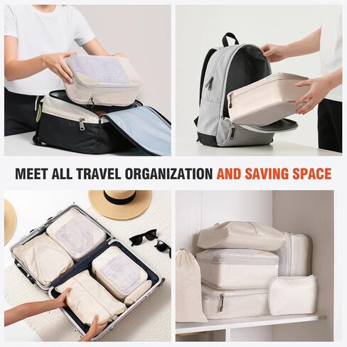 MADIKA 6 Set Compression Packing Cubes Travel Accessories Expandable Packing Organizer Bags Mesh Lightweight (Beige) in Saudi Arabia