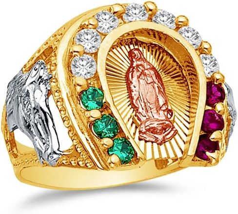 Size - 13 - 14k Rose Yellow & White Gold Men's Our Lady of Guadalupe Virgin Mary Horse Shoe Ring in Kuwait