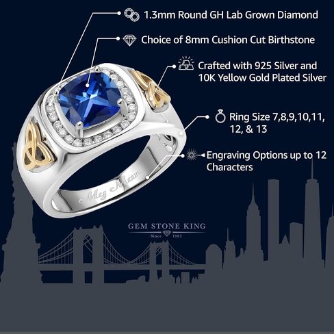 Gem Stone King Men's Customized and Personalized 8MM Cushion Cut Gemstone Birthstone and White Lab Grown Diamond Ring for Men | 925 Sterling Silver and 10K Yellow Gold | 2.76 Cttw | Size 7-13 in Kuwait