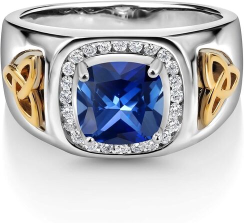 Gem Stone King Men's Customized and Personalized 8MM Cushion Cut Gemstone Birthstone and White Lab Grown Diamond Ring for Men | 925 Sterling Silver and 10K Yellow Gold | 2.76 Cttw | Size 7-13 in Kuwait
