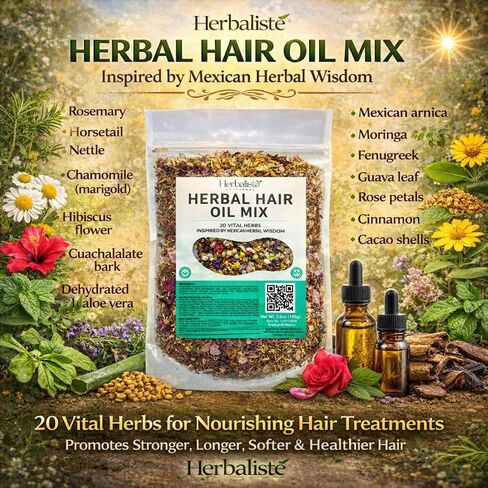 HERBALISTA – Premium Herbal Hair Oil Mix 3.5oz (100g) | 20 Mexican-Inspired Ayurvedic Herbs | Longer-Looking Hair, Stronger-Feeling Roots, Fuller Volume & Natural Shine | DIY Oil Infusion | Hair Care in Saudi Arabia