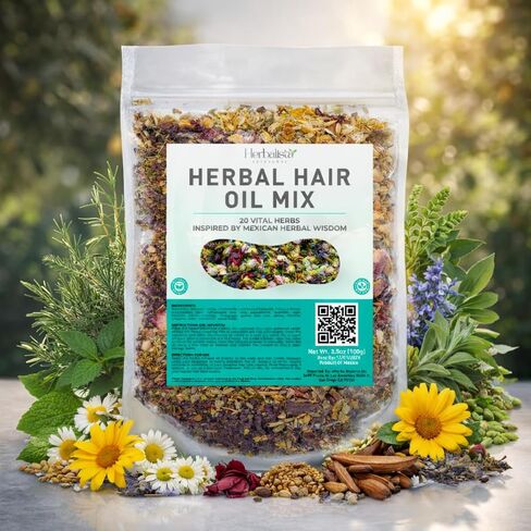 HERBALISTA – Premium Herbal Hair Oil Mix 3.5oz (100g) | 20 Mexican-Inspired Ayurvedic Herbs | Longer-Looking Hair, Stronger-Feeling Roots, Fuller Volume & Natural Shine | DIY Oil Infusion | Hair Care in Saudi Arabia