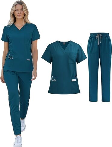 Women's Scrub Sets,Anti-Wrinkle Womens Scrub Sets,V-Neck Top & Straight Leg Pants with 8 Pockets for Doctors,Nurses in Saudi Arabia