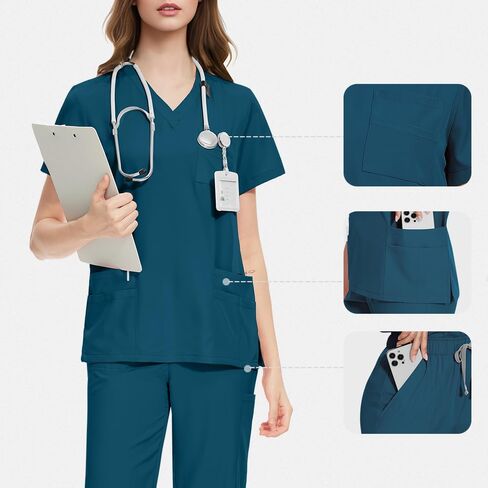 Women's Scrub Sets,Anti-Wrinkle Womens Scrub Sets,V-Neck Top & Straight Leg Pants with 8 Pockets for Doctors,Nurses in Saudi Arabia