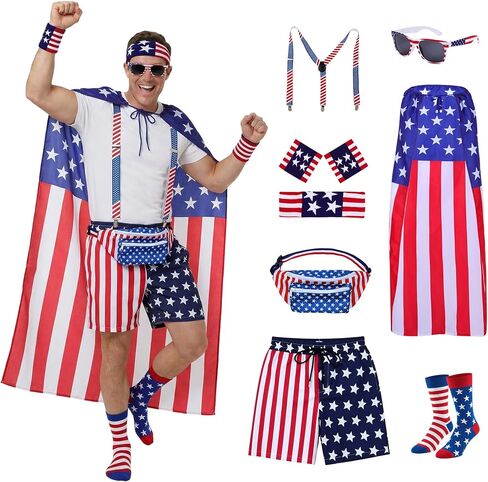 SOMSOC American Flag Men Patriotic 4th of July Set with Waist Bag Cape Headband Sunglasses Sock for Independence Labor Day in Kuwait