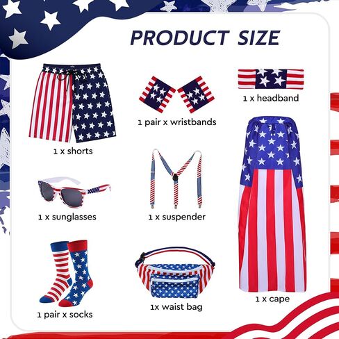 SOMSOC American Flag Men Patriotic 4th of July Set with Waist Bag Cape Headband Sunglasses Sock for Independence Labor Day in Kuwait